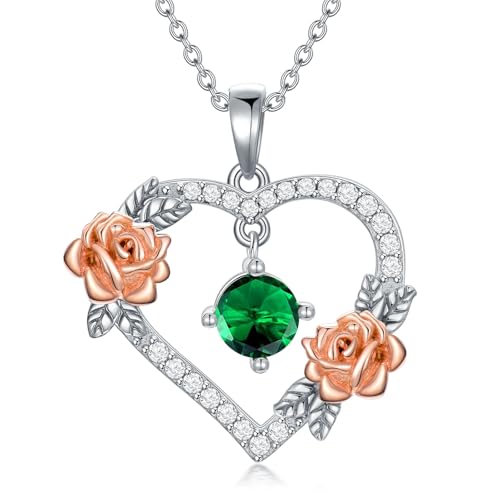 WSX Herz-Geburtsstein-Halskette für Damen aus 925er Sterlingsilber mit Rosenblüte und Mai-Geburtsstein-Anhänger. Zum Geburtstag, Weihnachten, für Ehefrau, Mutter, Frau. von WSX