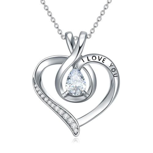 WSX Herz-Unendlichkeits-Halskette aus 925er Sterlingsilber mit birnenförmigem Zirkonia „I love you“ in Weißgold – Schmuck zum Muttertag für Mamas von WSX