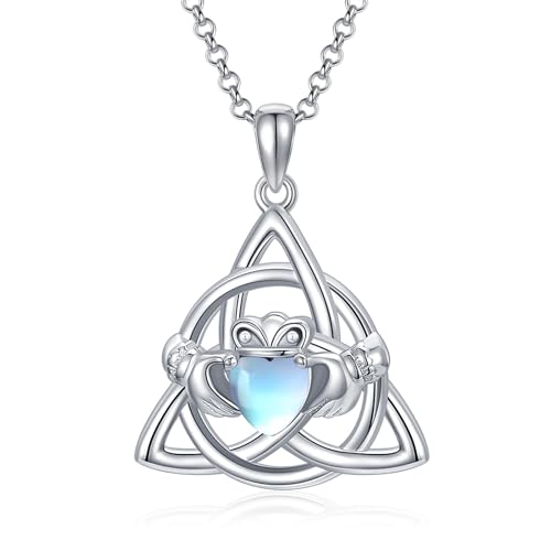 WSX Irische Claddagh-Mondstein-Halskette aus 925er Sterlingsilber mit künstlichem Geburtsstein und Dreifaltigkeitsknoten zum Jahrestag und Weihnachten für Frauen, Ehefrauen und Mütter von WSX