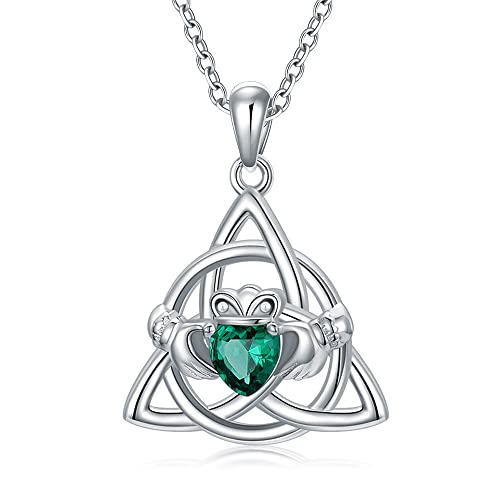 WSX Irische Claddagh-Smaragd-Halskette aus 925er Sterlingsilber mit künstlichem Geburtsstein und Dreifaltigkeitsknoten zum Jahrestag und Weihnachten für Frauen, Ehefrauen und Mütter von WSX