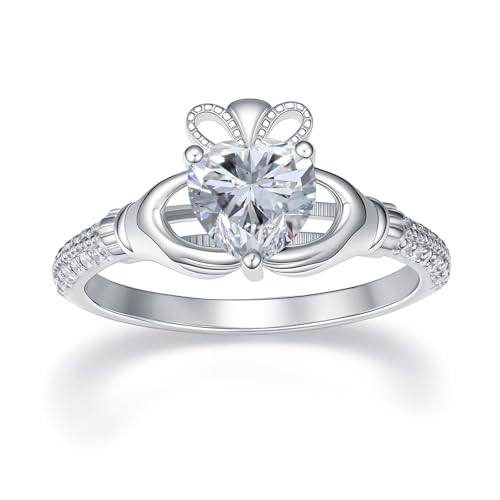 WSX Irischer Claddagh-Ring für Damen aus 925er Sterlingsilber mit Herz-April-Geburtsstein, Glücksbringer, Größe 10 von WSX