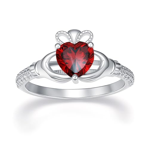 WSX Irischer Claddagh-Ring für Damen aus 925er Sterlingsilber mit Herz-Januar-Geburtsstein, Glücksbringer, Größe 8 von WSX