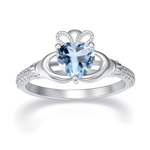 WSX Irischer Claddagh-Ring für Damen aus 925er Sterlingsilber mit Herz-März-Geburtsstein, Glücksbringer, Größe 10 WSX Irischer Claddagh-Ring für Damen aus 925er Sterlingsilber mit Herz-März-Geburtsstein, Glücksbringer, Größe 10 von WSX