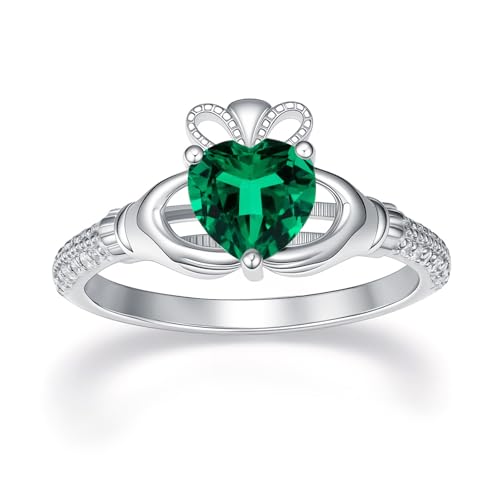 WSX Irischer Claddagh-Ring für Damen aus 925er Sterlingsilber mit Herz-Mai-Geburtsstein, Glücksbringer, Größe 8 von WSX