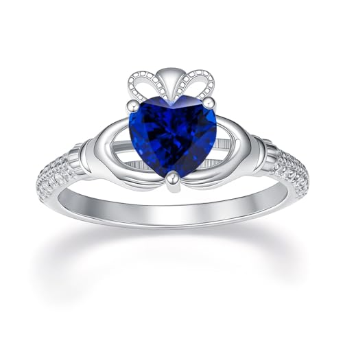 WSX Irischer Claddagh-Ring für Damen aus 925er Sterlingsilber mit Herz-September-Geburtsstein, Glücksbringer, Größe 10 von WSX