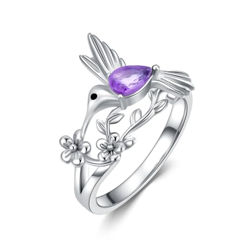 WSX Kolibri Echter Amethystring für Damen, Sterlingsilber Vogel-Design natürlicher Amethyst Schmuck Geschenk für Frauen, Mutter, Ehefrau, Freundin Größe 6 von WSX