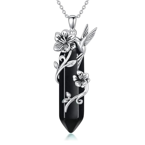 WSX Kolibri Halskette 925 Sterling Silber Reiki Heilung Kristall hexagonaler Obsidian Kolibri Anhänger Halskette für Frauen Juni Geburtsstein Schmuck von WSX