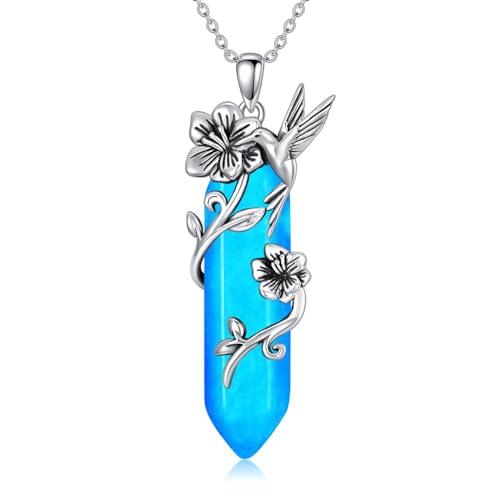 WSX Kolibri Halskette 925 Sterling Silber Reiki Heilung Kristall hexagonaler blauer Quarz Kolibri Anhänger Halskette für Frauen März Geburtsstein Schmuck von WSX