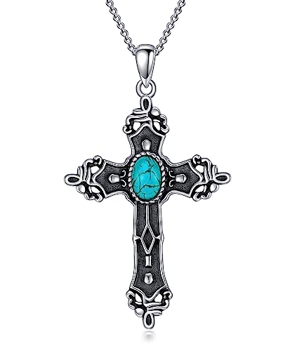WSX Kreuz-Anhänger mit echtem Türkis für Damen/Herren - 925 Sterling Silber Western-Boho-Vintageschmuck mit Edelsteinen von WSX