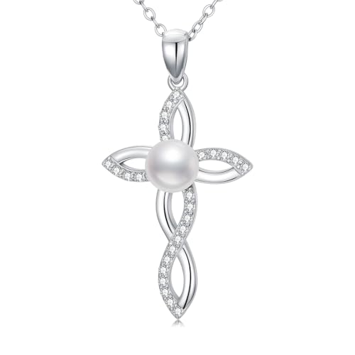 WSX Kreuzperlenkette Glücksbringer Keltischer Knoten 925 Sterling Silber Süßwasserperle Weißgold mit Moissanit Religiöser Schutz Weihnachten Muttertag für Mama Ehefrau von WSX