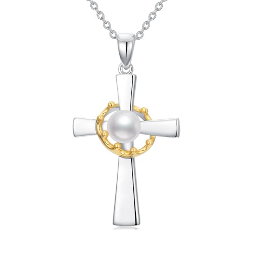 WSX Kreuzperlenkette Krone 925 Sterling Silber Süßwasserperle Weißgold mit Moissanit Religiöser Schutz Weihnachten Muttertag für Mama Ehefrau von WSX