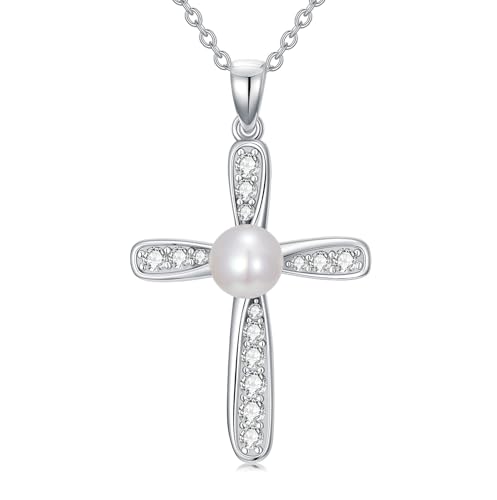 WSX Kreuzperlenkette Retro 925 Sterling Silber Süßwasserperle Weißgold mit Moissanit Religiöser Schutz Weihnachten Muttertag für Mama Ehefrau von WSX