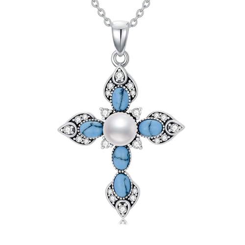 WSX Kreuzperlenkette Türkis 925 Sterling Silber Süßwasserperle Weißgold mit Moissanit Religiöser Schutz Weihnachten Muttertag für Mama Ehefrau von WSX