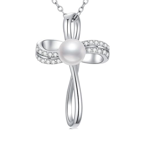 WSX Kreuzperlenkette Unendlichkeit 925 Sterling Silber Süßwasserperle Weißgold mit Moissanit Religiöser Schutz Weihnachten Muttertag für Mama Ehefrau von WSX