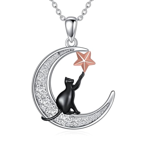 WSX Mond-Halskette mit schwarzer Katze, niedliche Tier-Halskette aus 925er Sterlingsilber mit Sternanhänger und Moissanit, für Frauen, die gerne Weihnachten und Geburtstage feiern. (Stil 1) von WSX