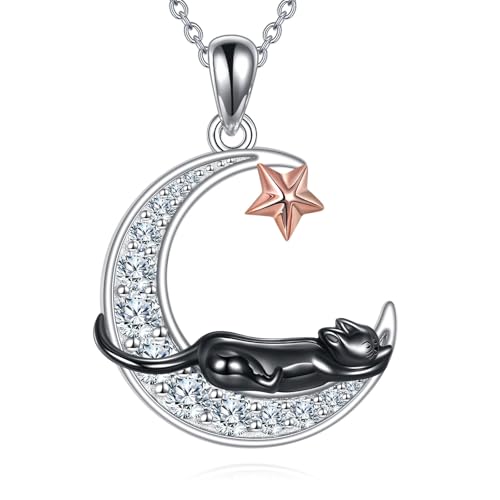WSX Mond-Halskette mit schwarzer Katze, niedliche Tier-Halskette aus 925er Sterlingsilber mit Sternanhänger und Moissanit, für Frauen, die gerne Weihnachten und Geburtstage feiern. (Stil 2) von WSX