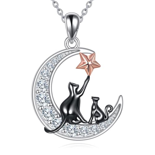 WSX Mond-Halskette mit schwarzer Katze, niedliche Tier-Halskette aus 925er Sterlingsilber mit Sternanhänger und Moissanit, für Frauen, die gerne Weihnachten und Geburtstage feiern. (Stil 4) von WSX