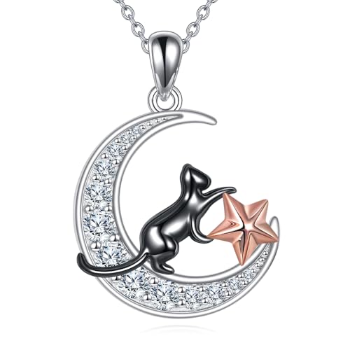 WSX Mond-Halskette mit schwarzer Katze, niedliche Tier-Halskette aus 925er Sterlingsilber mit Sternanhänger und Moissanit, für Frauen, die gerne Weihnachten und Geburtstage feiern. (Stil 5) von WSX