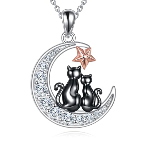 WSX Mond-Halskette mit schwarzer Katze, niedliche Tier-Halskette aus 925er Sterlingsilber mit Sternanhänger und Moissanit, für Frauen, die gerne Weihnachten und Geburtstage feiern. (Stil 6) von WSX