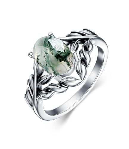 WSX Moosachat Ring für Damen Echter Ovaler Stein Zarter Schmuck 925 Sterling Silber Blatt Boho für Ihre Ehefrau Mutter Größe S von WSX