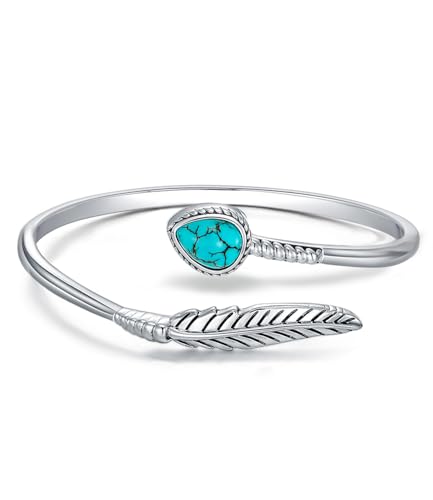 WSX Native American Bangle Verstellbar Echtes Türkis Feder Armband Cuff Damen 925 Sterling Silber Western Boho Schmuck 6,5 7 7,5 Zoll von WSX