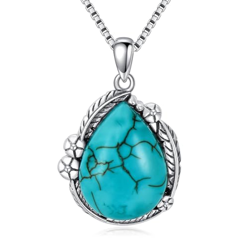WSX Natürliche Träne Türkis Halskette, Sterling Silber Native Western Blatt mit Blume Schmuck Geburtstagsgeschenk für Frauen von WSX
