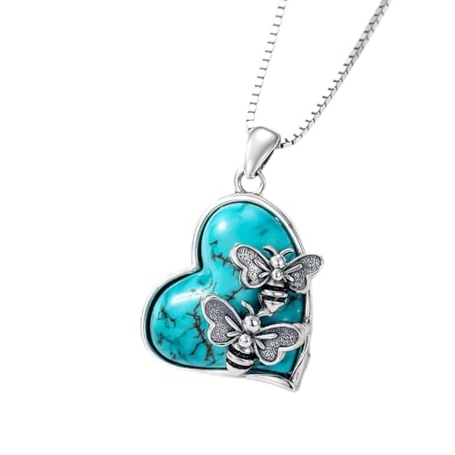 WSX Natürlicher Türkis Herz Anhänger mit Biene, Sterling Silber Boho Native Vintage Halskette Western Schmuck Geburtstagsgeschenk für Frauen WSX Natürlicher Türkis Herz Anhänger mit Biene, Sterling Silber Boho Native Vintage Halskette Western Schmuck Geburtstagsgeschenk für Frauen von WSX