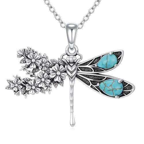 WSX Natürlicher Türkis Libelle mit Blume Anhänger Halskette, Sterling Silber Vintage Native American Western Schmuck Geburtstagsgeschenk von WSX