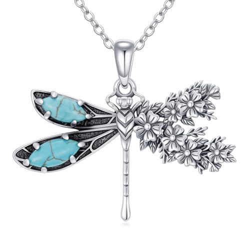 WSX Natürlicher Türkis Libelle mit Blume Halskette, Sterling Silber Vintage Native American Western Schmuck Geburtstagsgeschenk für Frauen WSX Natürlicher Türkis Libelle mit Blume Halskette, Sterling Silber Vintage Native American Western Schmuck Geburtstagsgeschenk für Frauen von WSX