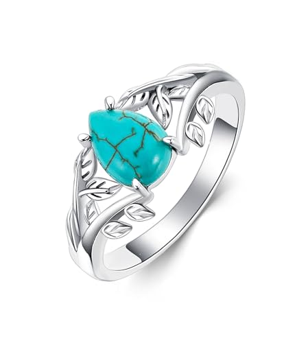 WSX Natürlicher Türkis Ring für Damen 925 Sterling Silber Blatt Schmuck mit Tränenförmigem Edelstein Ring Jubiläum für Ihre Ehefrau Mutter Größe M von WSX