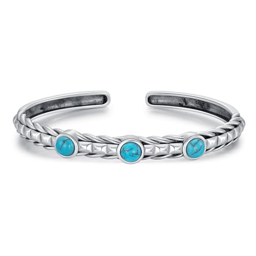 WSX Natürliches 3-Türkisstein-Cuff-Armband für Damen, Sterling Silber Boho verstellbarer Bangle-Cuff Native American Western-Schmuck, passt für 6,5 bis 7,5 Zoll von WSX