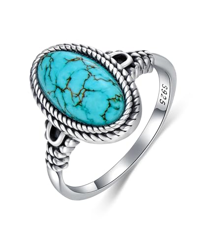 WSX Ovaler Echter Türkis Ring für Damen Native American Stil 925 Sterling Silber Südwest Vintage Ring Schmuck für Ihre Ehefrau Größe Q von WSX