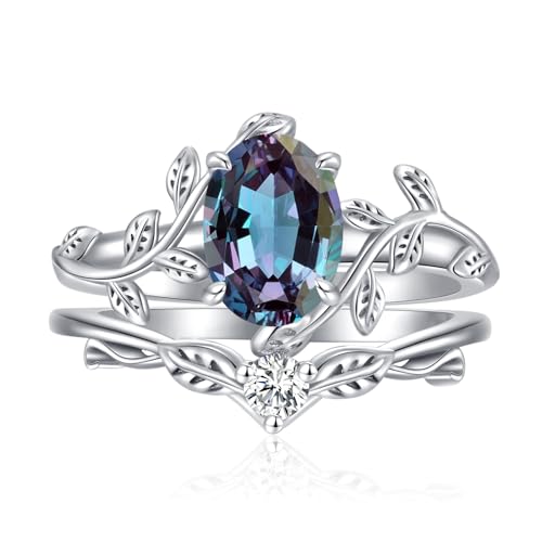 WSX Ovaler Edelstein-Blattwickel-Ringsatz für Damen aus 925er Sterlingsilber mit Alexandrit, Verlobungs- und Ehering, Größe 5 von WSX