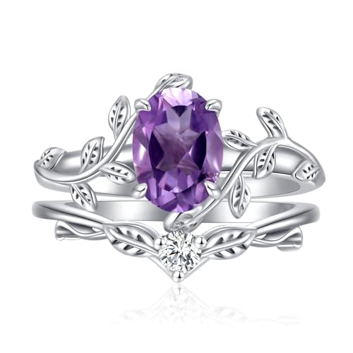 WSX Ovaler Edelstein-Blattwickel-Ringsatz für Damen aus 925er Sterlingsilber mit Amethyst, Verlobungs- und Ehering, Größe 7 von WSX