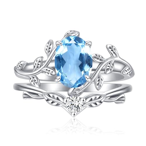 WSX Ovaler Edelstein-Blattwickel-Ringsatz für Damen aus 925er Sterlingsilber mit Aquamarin, Verlobungs- und Ehering, Größe 7 von WSX