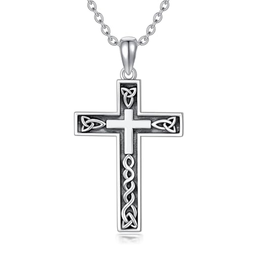 WSX Oxidierte Kreuz Halskette mit 24+2 Kette für Männer Sterling Silber Kruzifix Anhänger mit Keltischem Knoten Christliche Halskette von WSX