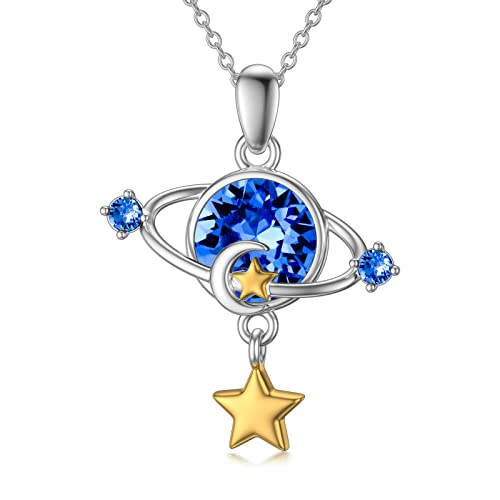 WSX Planet Halskette Sterling Silber blauer Kristall Planet Anhänger Halskette Schmuck für Frauen von WSX
