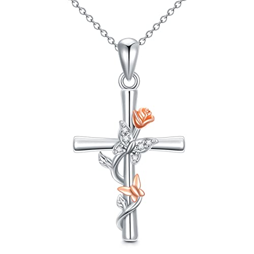 WSX Rose Blume mit Schmetterling Kreuz Halskette für Frauen Sterling Silber 18 Zoll für Weihnachten Geburtstag von WSX
