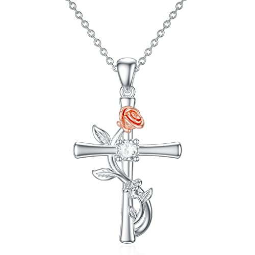 WSX Rose Flower Cross Halskette Sterling Silber für Frauen 18 Zoll für Weihnachten Geburtstag von WSX
