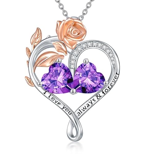 WSX Rose Herz Geburtsstein Halskette für Damen, Sterlingsilber, Geburtsstein Februar & Februar, 2 Geburtssteine,Herzanhänger, für Mama, Geburtstag, Weihnachten von WSX