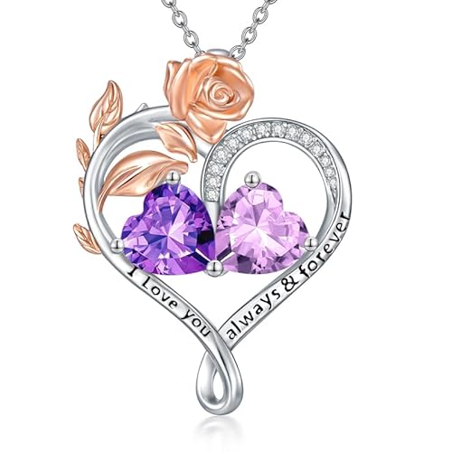 WSX Rose Herz Geburtsstein Halskette für Damen, Sterlingsilber, Geburtsstein Februar & Juni, 2 Geburtssteine, Herzanhänger, für Mama, Geburtstag, Weihnachten von WSX