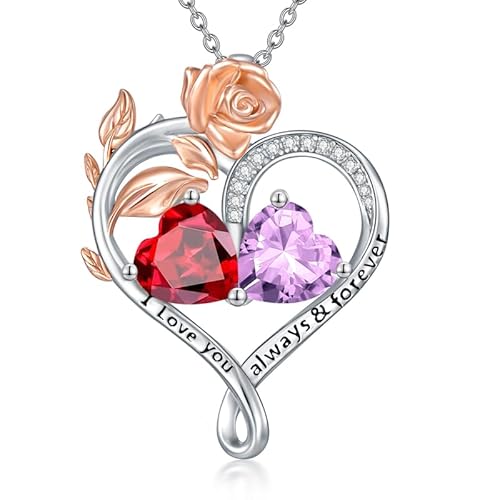 WSX Rose Herz Geburtsstein Halskette für Damen Sterling Silber Januar & Juni Geburtsstein 2 Geburtssteine Herzanhänger, für Mama, Geburtstag, Weihnachten von WSX
