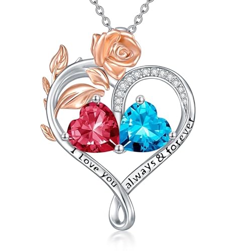 WSX Rose Herz Geburtsstein Halskette für Damen Sterling Silber Juli & Dezember Geburtsstein 2 Geburtssteine Herz Anhänger Halsketten Herzanhänger, für Mama, Geburtstag, Weihnachten von WSX