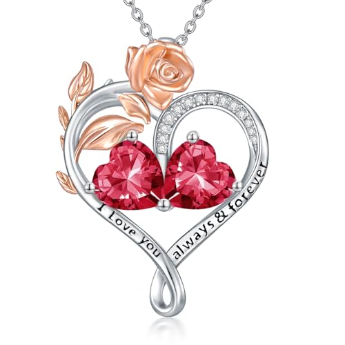 WSX Rose Herz Geburtsstein Halskette für Damen Sterling Silber Juli & Juli Geburtsstein 2 Geburtssteine Herz Anhänger Halsketten Herzanhänger, für Mama, Geburtstag, Weihnachten von WSX