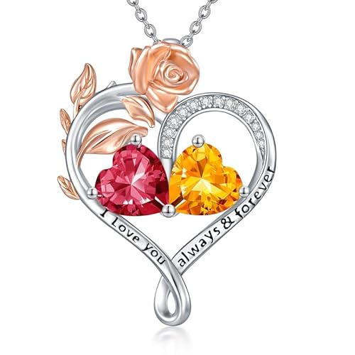 WSX Rose Herz Geburtsstein Halskette für Damen Sterling Silber Juli & November Geburtsstein 2 Geburtssteine Herz Anhänger Halsketten Herzanhänger, für Mama, Geburtstag, Weihnachten von WSX