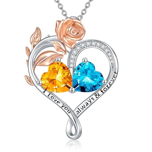 WSX Rose Herz Geburtsstein Halskette für Damen Sterling Silber November & Dezember Geburtsstein 2 Geburtssteine Herz Anhänger Halsketten Herzanhänger, für Mama, Geburtstag, Weihnachten von WSX