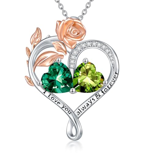 WSX Rose Herz-Halskette mit Geburtsstein für Damen, Sterlingsilber, Mai & August, zwei Geburtssteine, Herzanhänger. Herzanhänger, für Mama, Geburtstag, Weihnachten von WSX