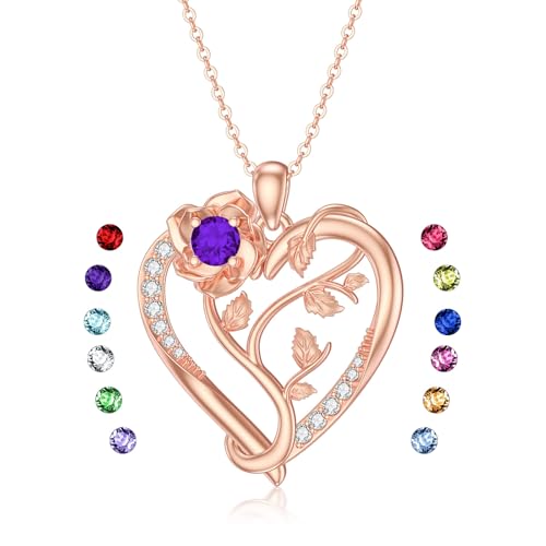 WSX Rose vergoldet Silber wachsender Baum Rose Herz Halskette mit Geburtsstein Geburtstag Muttertag Geschenk für Sie Frauen（Feb） von WSX