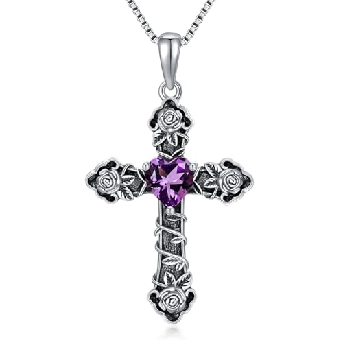 WSX Rosenkreuz Halskette für Damen 925 Sterlingsilber mit Echtem Herz-Amethyst Christlicher Schmuck WSX Rosenkreuz Halskette für Damen 925 Sterlingsilber mit Echtem Herz-Amethyst Christlicher Schmuck von WSX