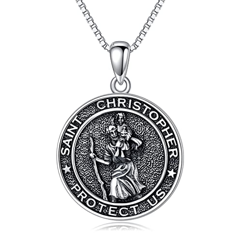 WSX Saint Christopher Medal Necklace Women Sterling Silver Men Protect Us Amulet Shield Protection for Christmas von WSX
